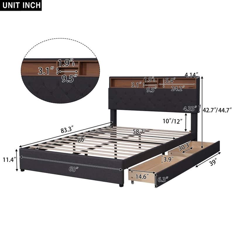 Queen Size Platform Bed with Storage Headboard, Upholstered Bed with ...