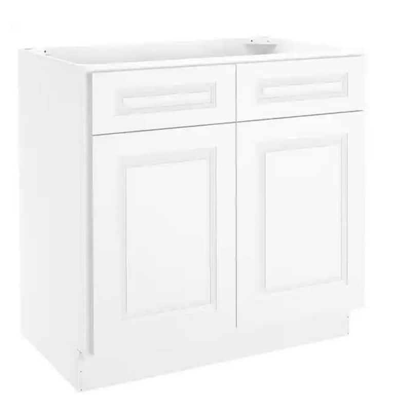 24-in D X 34.5-in H in Raised Panel White Plywood Ready to Assemble Floor Base Kitchen Cabinet with 2 Drawers - Traditional White - 36-in W X 24-in D X 34.5-in H