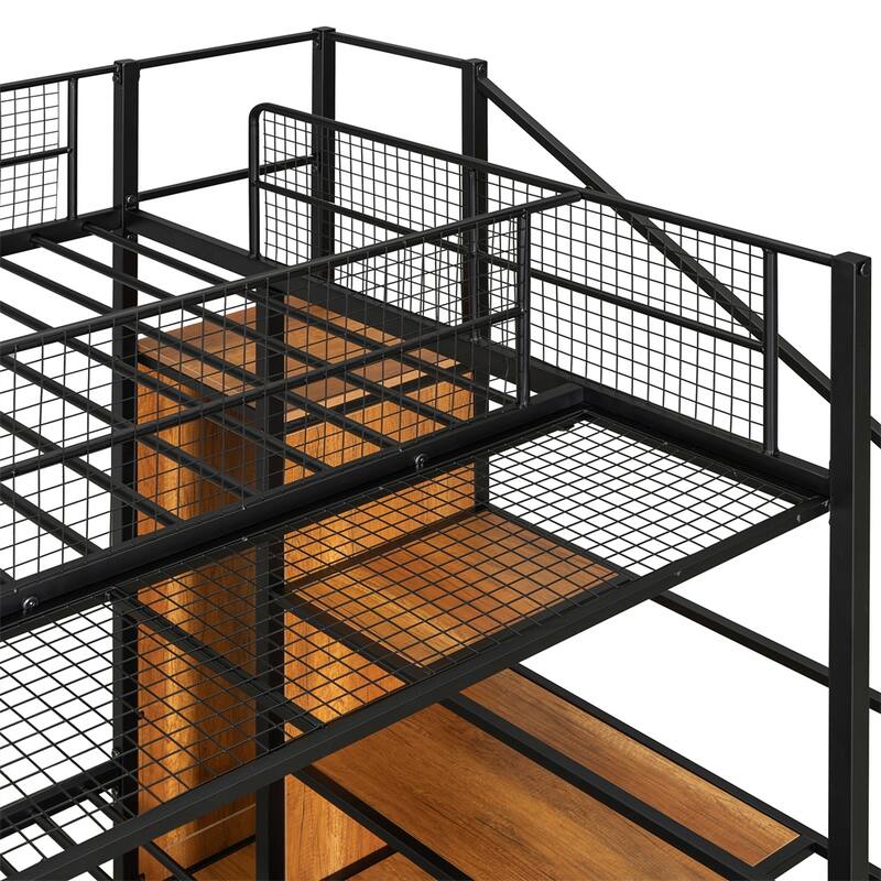 Twin Over Full Metal Bunk Bed w/Shelving & Storage Ladder and Wardrobe