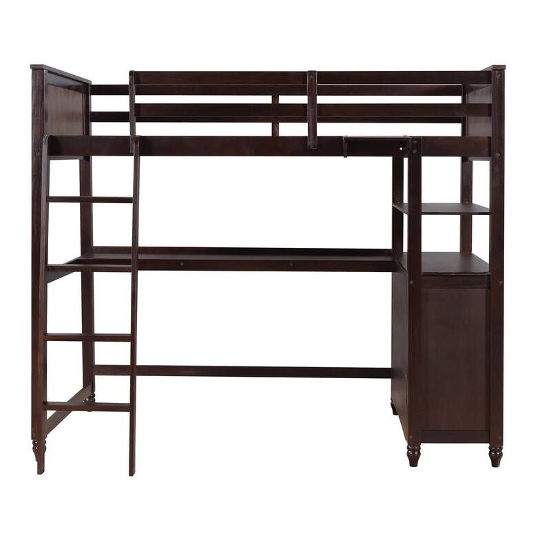 Wood Loft Bed Twin Size, Twin Bed Frame with Built-in Desk and Drawers, Wooden Versatile LoftBed for Kids Teens Adults Bedroom