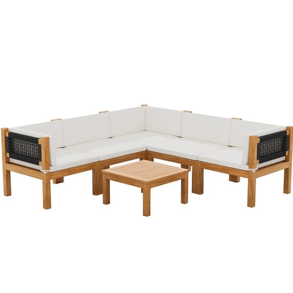 slide 2 of 8, Furniwell 5/6/7-pieces Acacia Patio Furniture Set, Wooden Conversation Set,Outdoor Modular Design Sofa Set with Side Table 6-piece