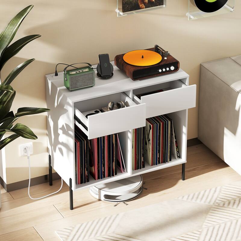 Modern Record Stand with USB Charging Station and 2 Drawer Storage Vinyl Album Organizer Shelf - 31.5" x 16" x 30.5"