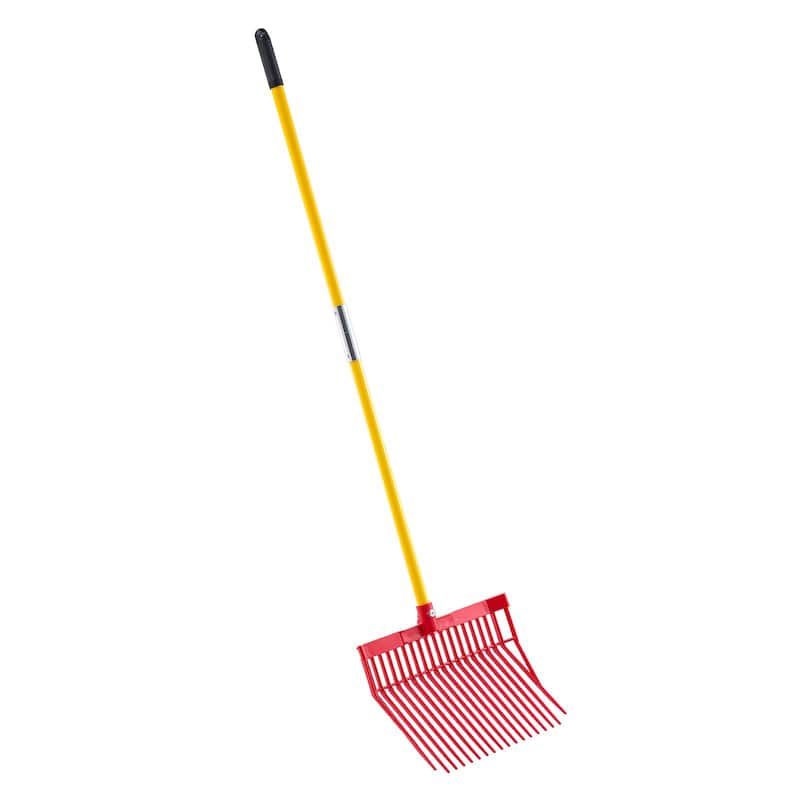 Yellow and Red Plastic Fiberglass Handle Horse Manure Fork with Angled Pointed Teeth - 61.02” L x 15.75” W