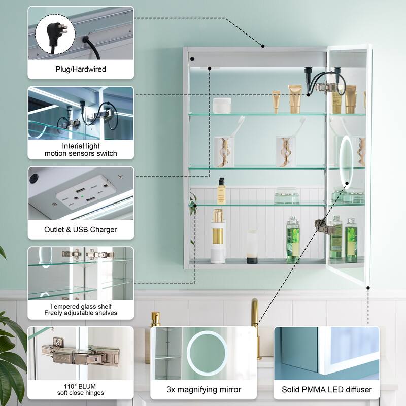 30'' H Recessed or Surface Frameless LED Mirror Cabinet With Defogger, Dimmer, Outlets & USB Ports 