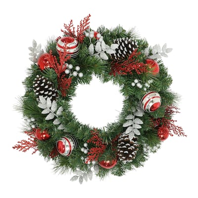 Puleo International 24" Decorated Artificial Wreath with Red Green & Silver Ornaments & Pine Cones