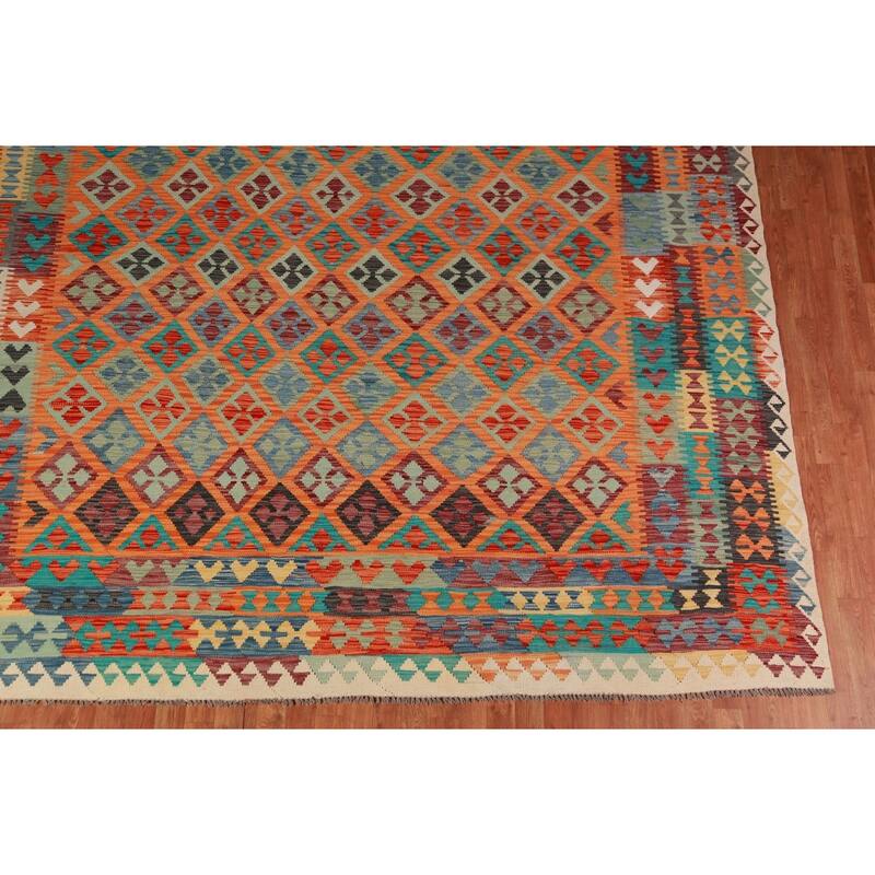 Trellis Orange Kilim Reversible Wool Area Rug Wool Carpet - 9'9"x 12'8"