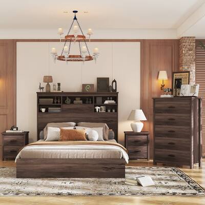 Dark Walnut 4 Pcs Bedroom Sets with Queen Size Wooden Platform Bed Frame and 2 Nightstands and 1 Chest