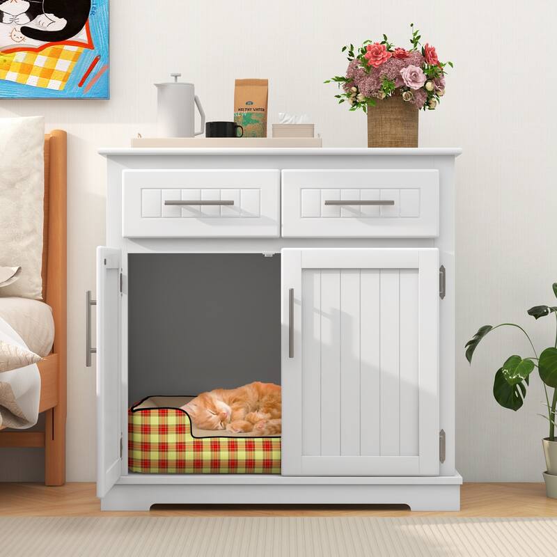 White MDF Cat Litter Box Enclosure with 2 Drawers, Side Entrance and Large Storage Countertop - 32" x 18" x 32" (L x W x H)