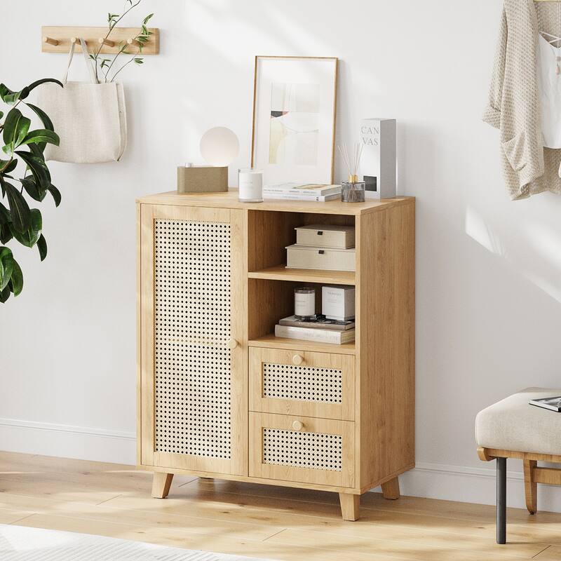 Rattan Buffet Cabinet with Adjustable Shelf, Sideboard with Drawers for Living Room, Kitchen, Entryway