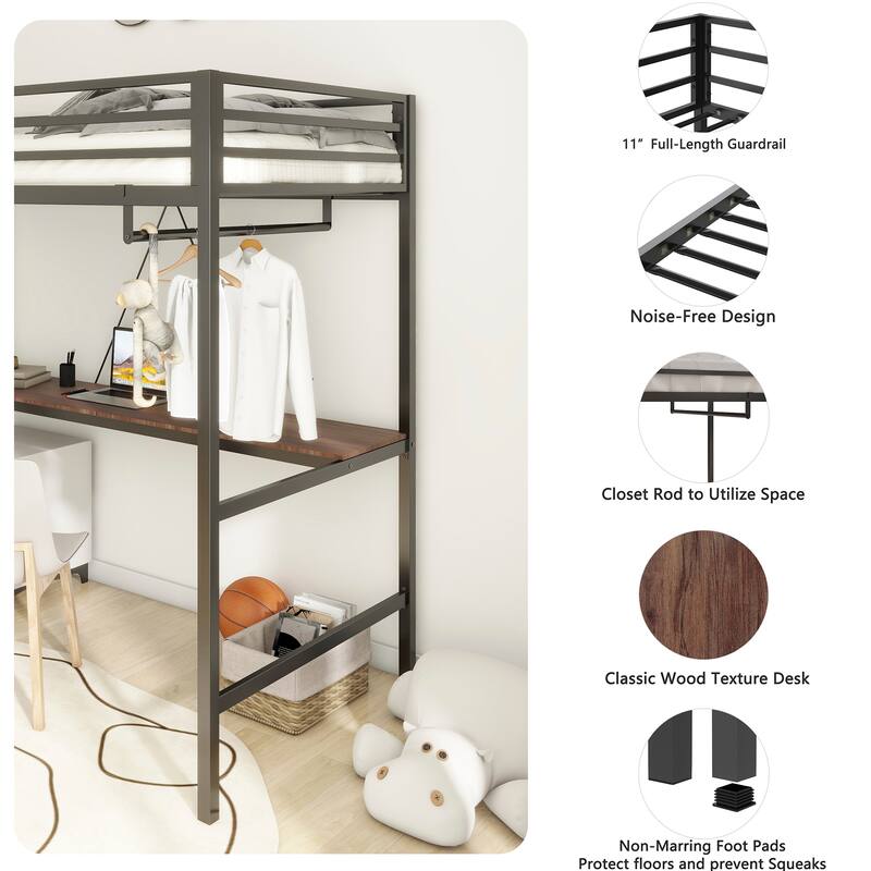 Sturdy Twin Size Loft Bed with Cinnamon Wood Desk and Closet Rod, Metal High Loftbed Frame with Ladder and Guardrails