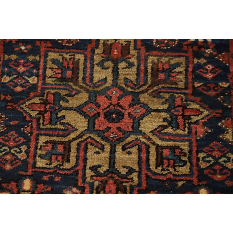Hand Knotted Oriental 100% Wool Carpet Traditional Tribal Navy Blue & Blues Heriz (serapi) Runner Rug - 14' 5'' X 3' 1''