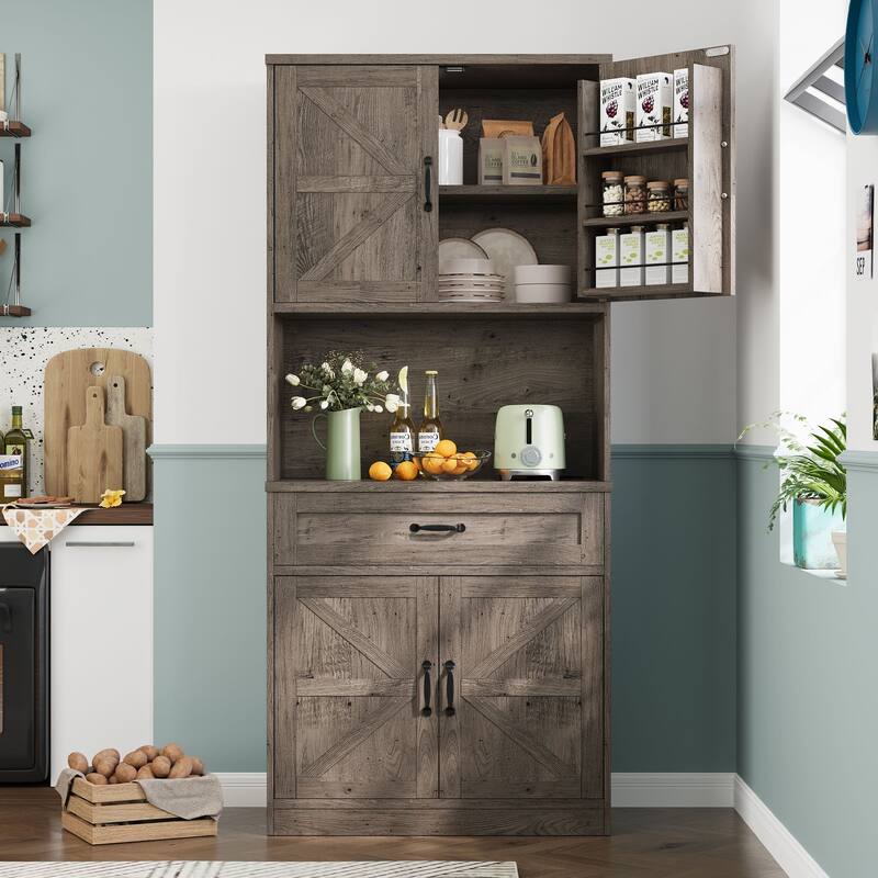Gymojoy 70" Farmhouse Kitchen Pantry Cabinet With Operation Table & Power Outlet, Freestanding Cupboard