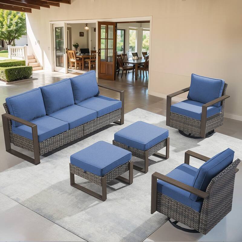 Outdoor Swivel Chair with Thick Cushion - Grey Wicker Blue Cushion - 5PCS Sofa Swivel Chair Ottoman
