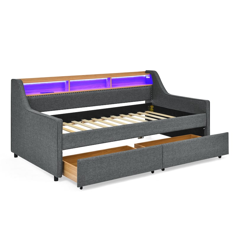 Grey Twin Size Upholstery DayBed with Three LED Lights,Storage Adjustable Headboard and Two Storage Pull Up Drawers