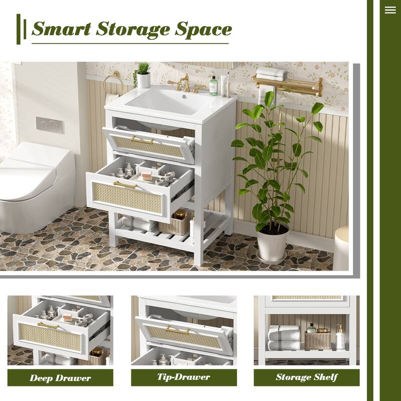 24"Bathroom Vanity with Integrated Ceramic Sink,Bathroom Cabinet with 1 Deep Drawer,1 Tip-Out Drawer,Single Sink Bathroom Vanity