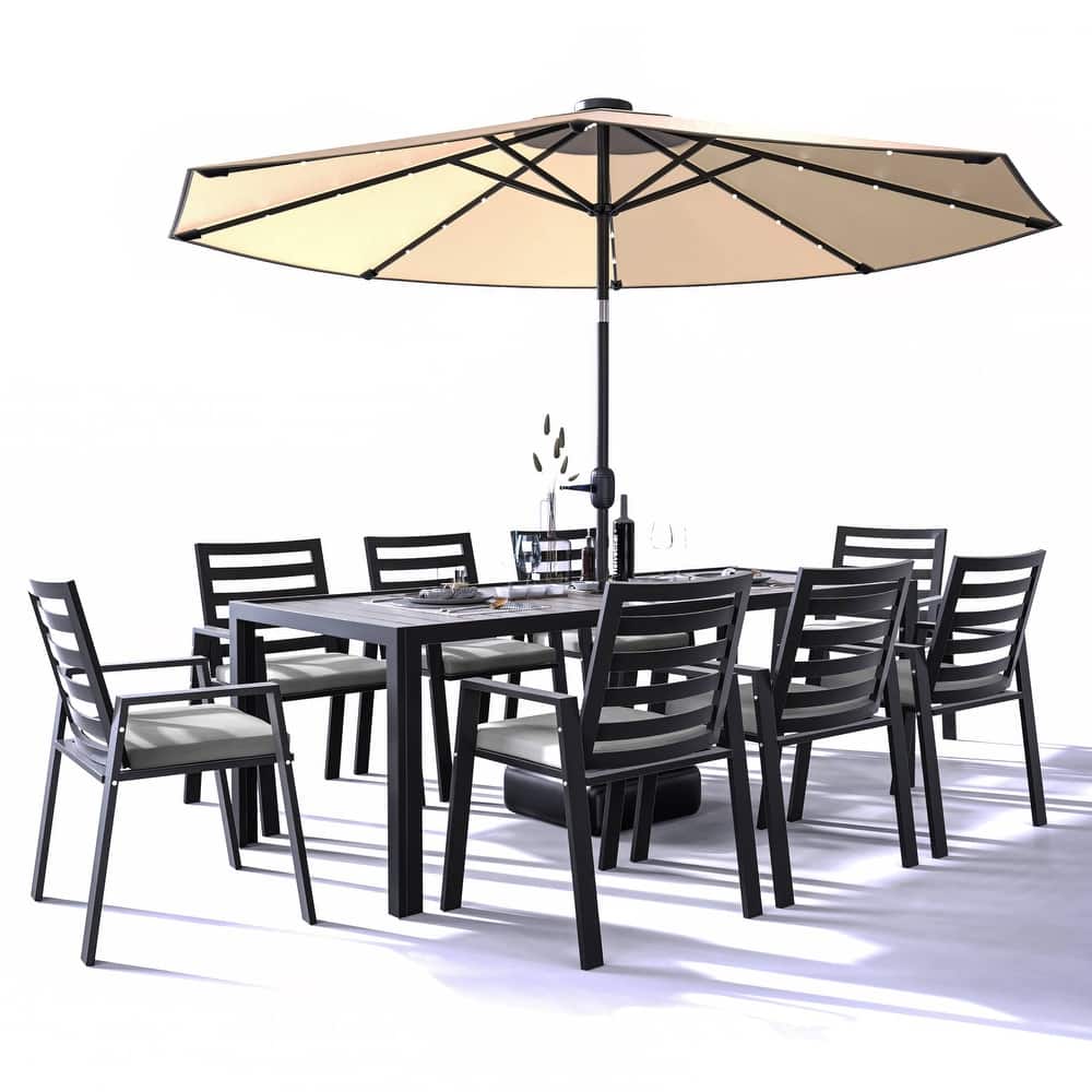 Chelsea 9-Piece Rectangular Outdoor Aluminum Fixed Table Dining Set with Plush Foam & Removable Cushion Covers for Patio Garden
