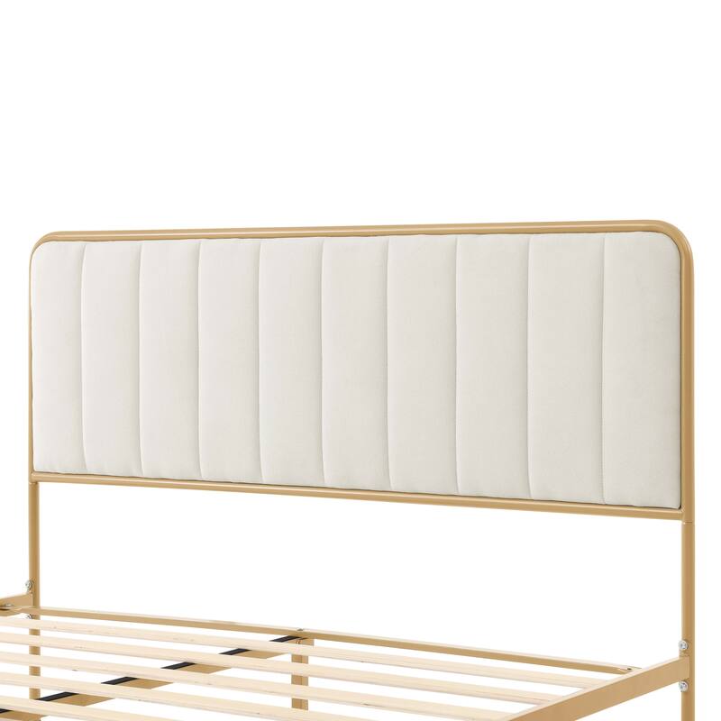 Queen Upholstered Bed Frame with Tufted Headboard, Modern Design, Neutral Tones