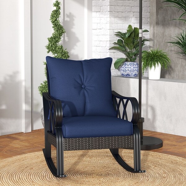 Outsunny Outdoor Wicker Rocking Chair with Padded Cushions and Armrests Navy Blue