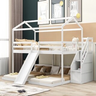 Solid Pine Wood and MDF Full over Twin & Twin Bunk Bed,Built-in Drawer and Shelf,with Slide and Storage Staircase