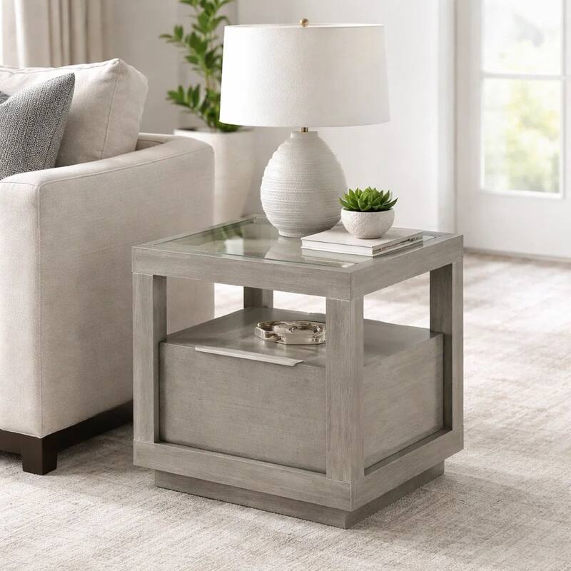24 Inch End Table, 1 Drawer, Tempered Glass Surface, Plinth Base, Warm Gray
