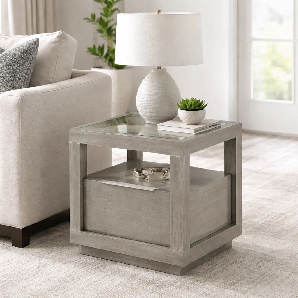 24 Inch End Table, 1 Drawer, Tempered Glass Surface, Plinth Base, Warm Gray