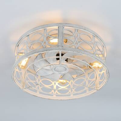 Oaks Aura 20in. Farmhouse Distressed White Low Profile Ceiling Fan with Light, Flush Mount Ceiling Fan with Remote