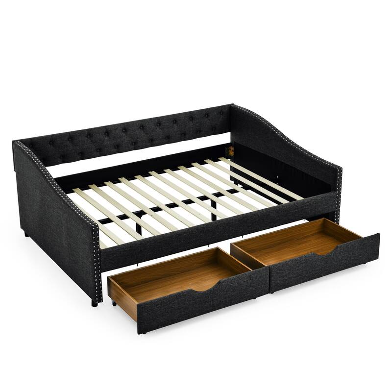 Tufted Button Daybed with 2 Storage Drawers/Upholstered Sofa Bed Frame w/Copper Nail on Waved Shape Armrests/No Spring Box Need
