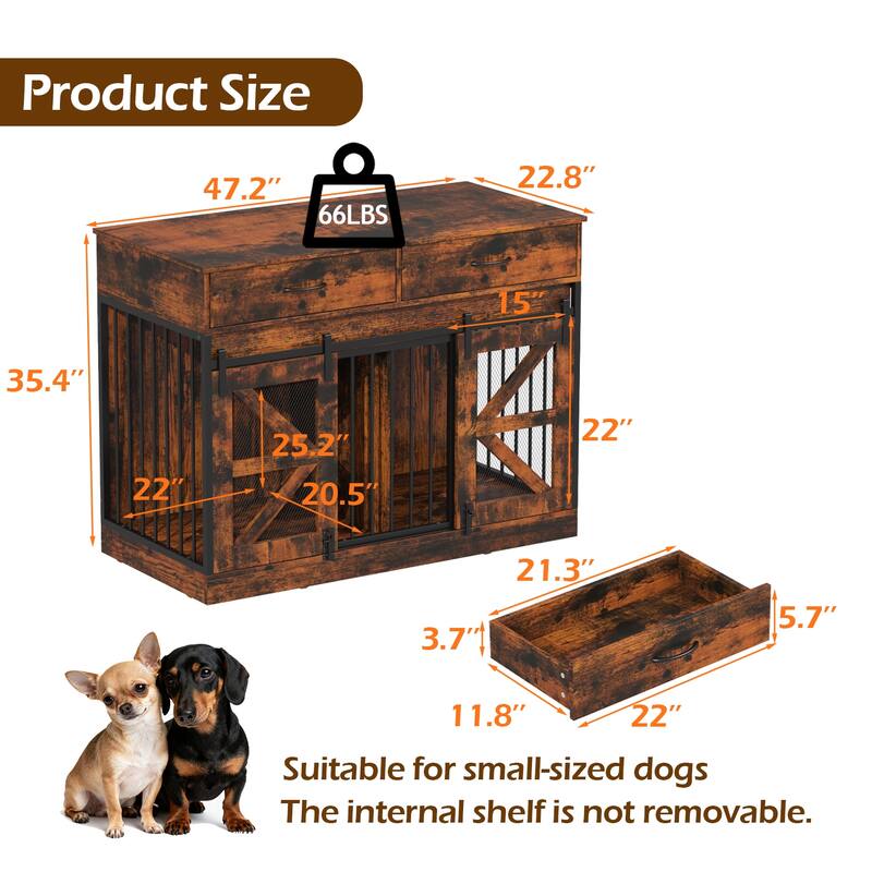 Double Dog Crate Furniture w/Drawers for Small Dogs, Rustic Farmhouse Dog Kennel End Table, Sliding Barn Doors - 47.2"W