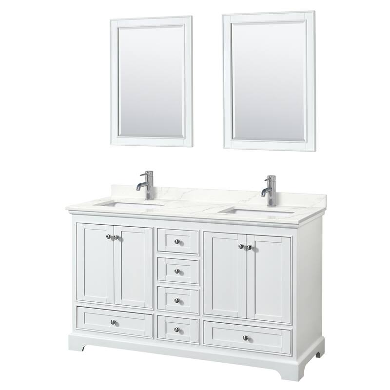 Deborah 60-inch Double Vanity, Quartz Top, 24-inch Mirrors - White, Chrome Trim, Giotto Quartz Top