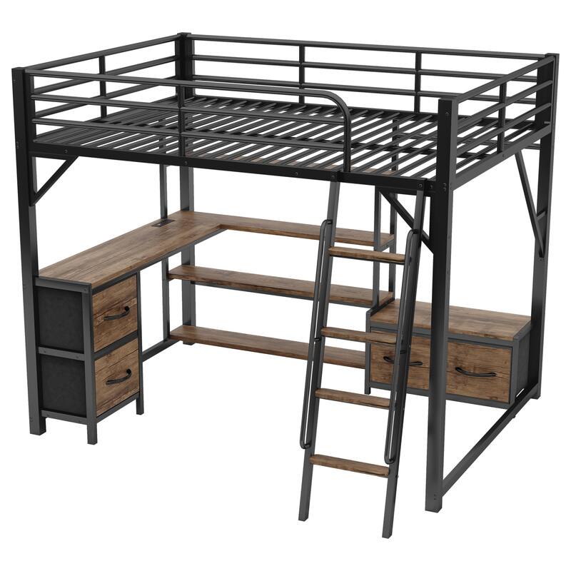 Metal Loft Bed Frame with All-in-one Storage Shelves Drawers, Desk, Wardrobe for Boys Girls, Loft Bed with Mood Light