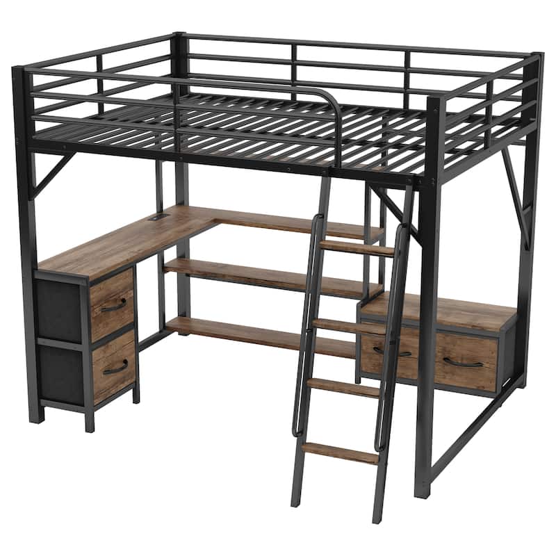Queen Size Loft Bed with Desk, LED, Storage Shelves, Wardrobe, and Drawers for Space Efficiency