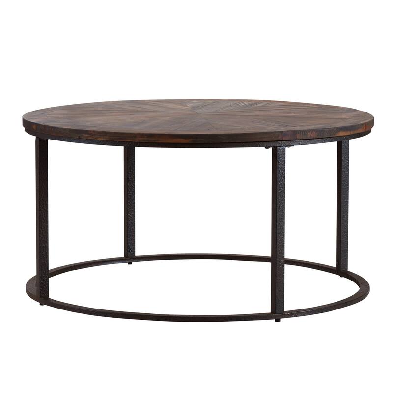 36" Rustic Round Coffee Table with Reclaimed Solid Wood Top and Wrought Iron Base for Living Room - 36”L x 36”W x 18”H