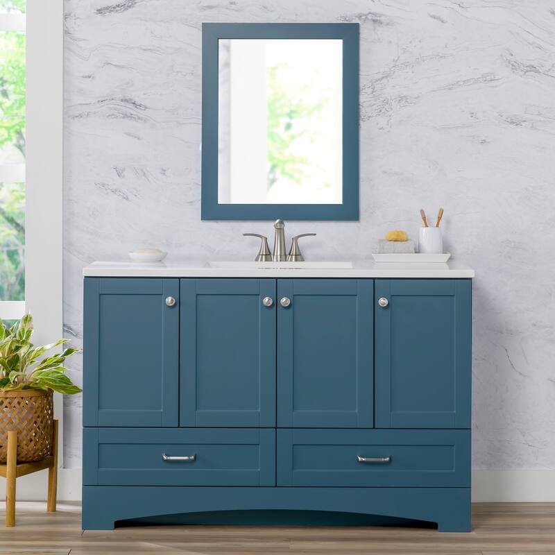 Spring Mill Cabinets Emlyn 48.5" Bathroom Vanity With Shelves, Drawers, and White Sink Top