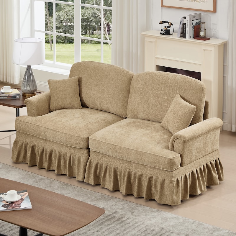 Mid-Century 2-Seat Sofa Couch with Flared Arms & Removable Ruffled Skirts, Retro Chenille Upholstered Loveseat for Living Room