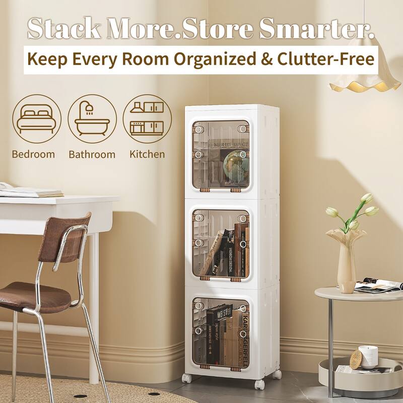 VECELO White 3-Tier & 4-Tier Narrow Storage Bins Foldable Stackable ABS Organizer Bins with Wheels for Bathroom Living Room