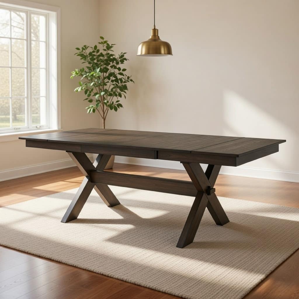 67-95 Inch Extendable Dining Table, Crossed Trestle Base, Rustic Brown