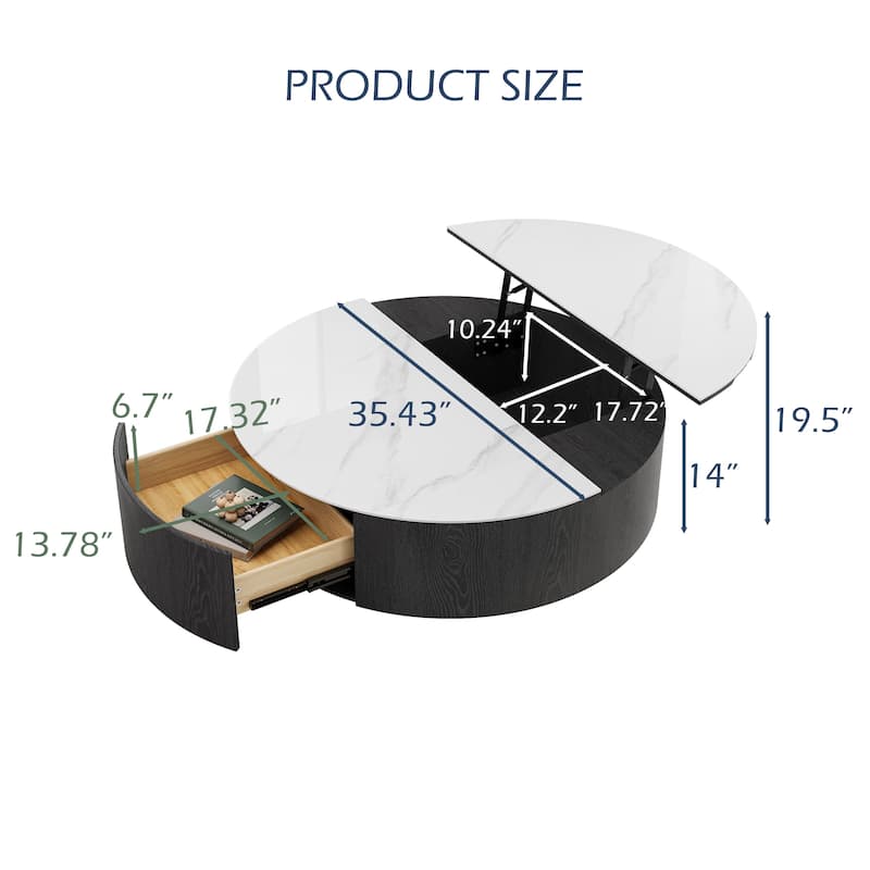 35.43" Round Coffee Table with Lift Top & Drawer, Faux Marble Surface, Solid Wood for Modern Living Spaces
