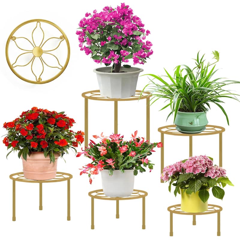 Javlergo 5-Piece Metal Plant Stand Set Multiple Sizes Black Heavy Duty Flower Pot Holder Stands for Indoor Outdoor Use - Gold