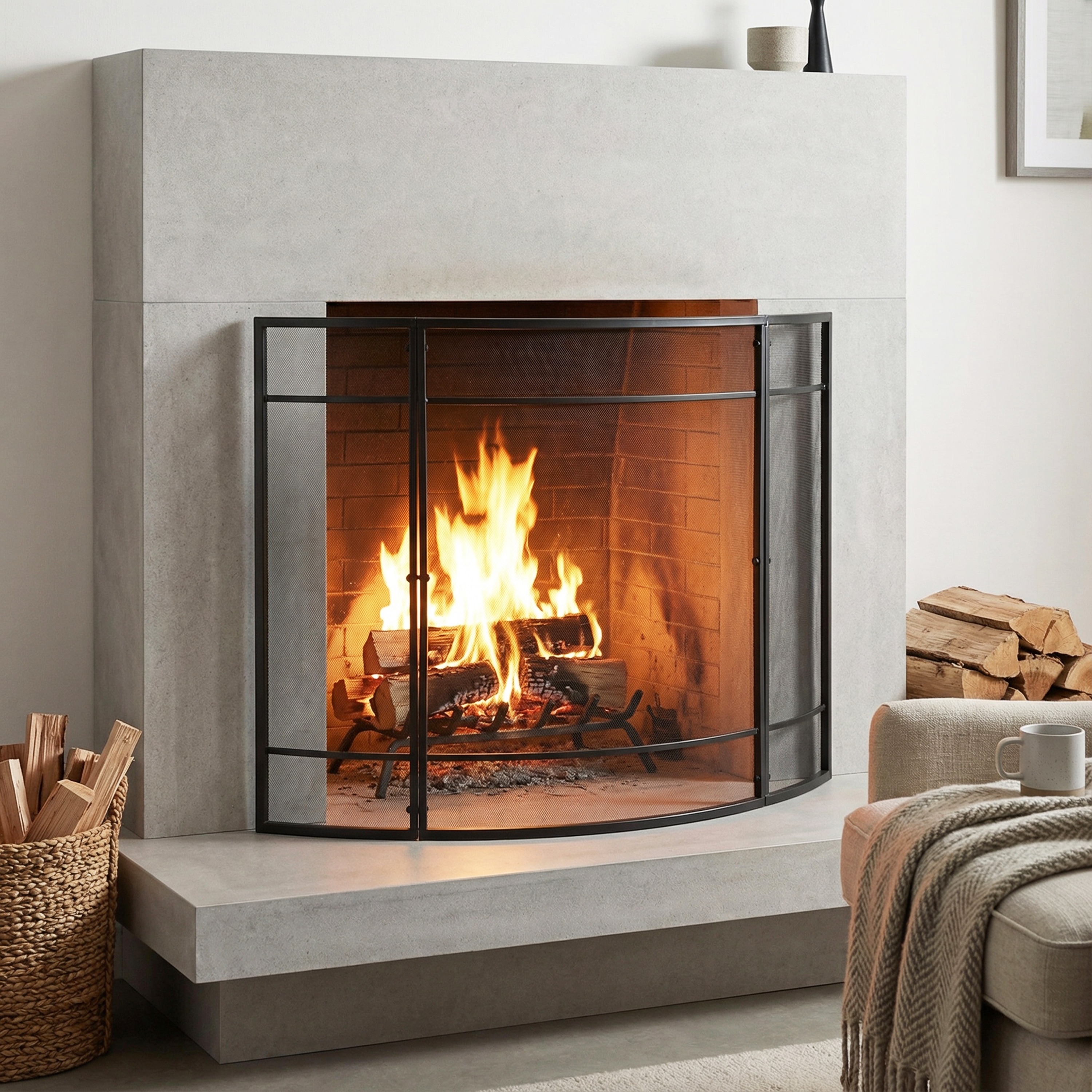 Roomfitters Regina 1-Panel Curved Iron Fireplace Screen with Grid Pattern