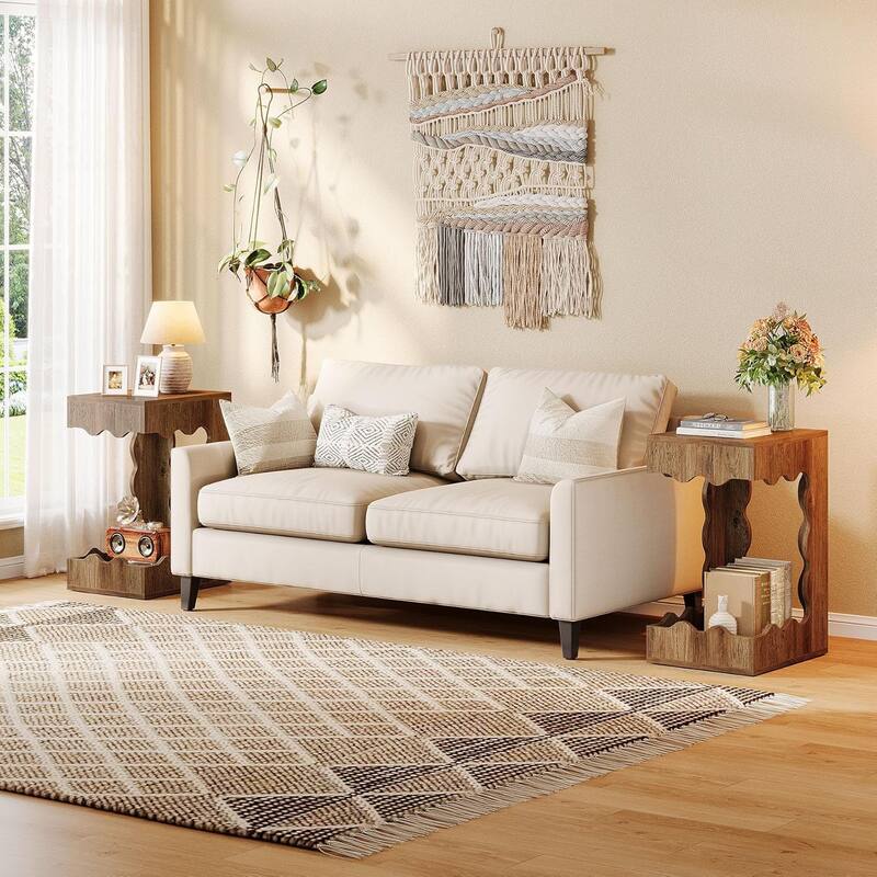 Narrow End Table, 2-Tier C-Shaped Side Table for Living Room, Farmhouse Nightstand for Bedroom, Next to Sofa Armchair