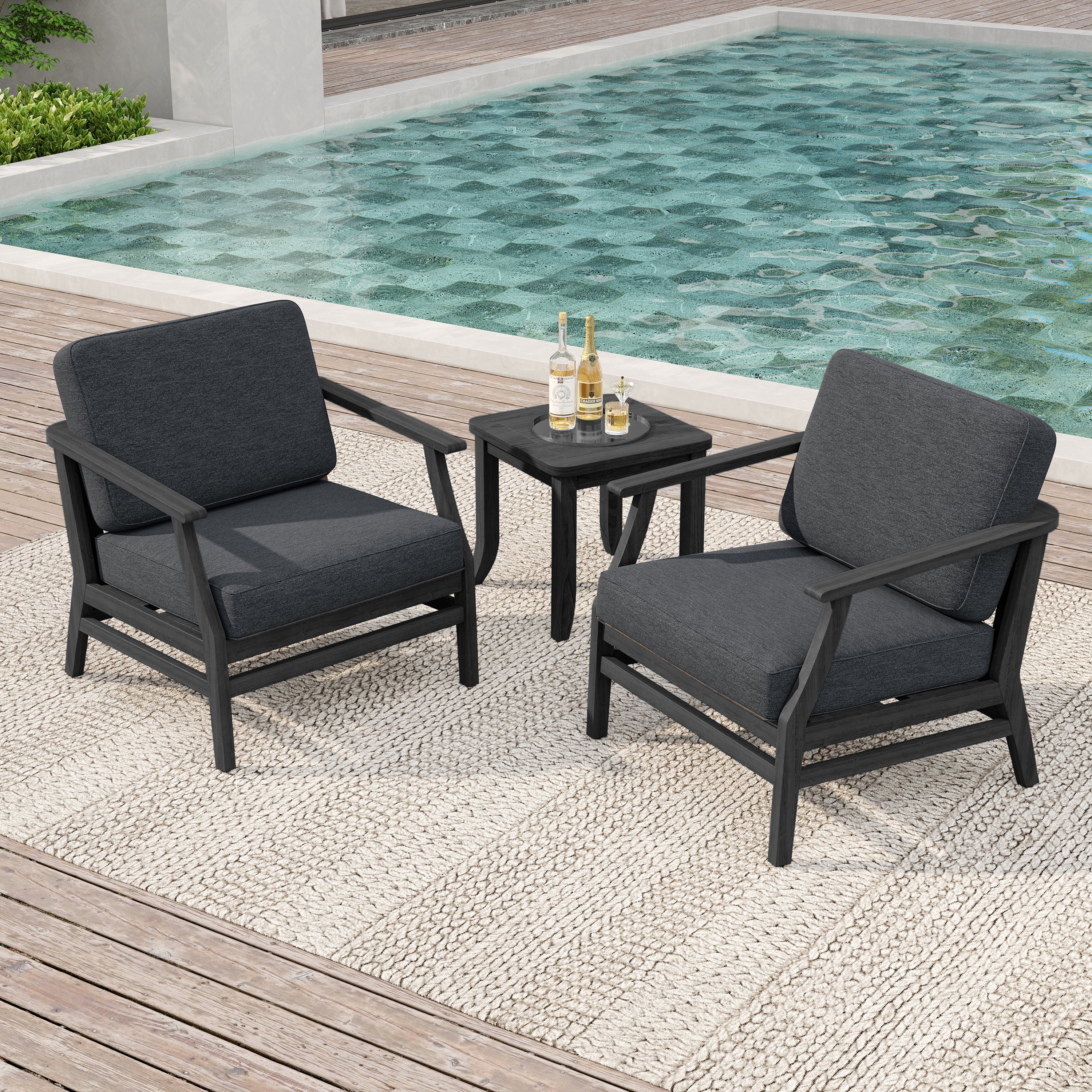 2 Set Patio Teak Wood Outdoor Chair and Side Table Set with Cushions