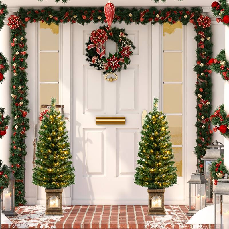 Gymax 2 PCS 4 FT Pre-Lit Potted Christmas Tree Artificial Entrance