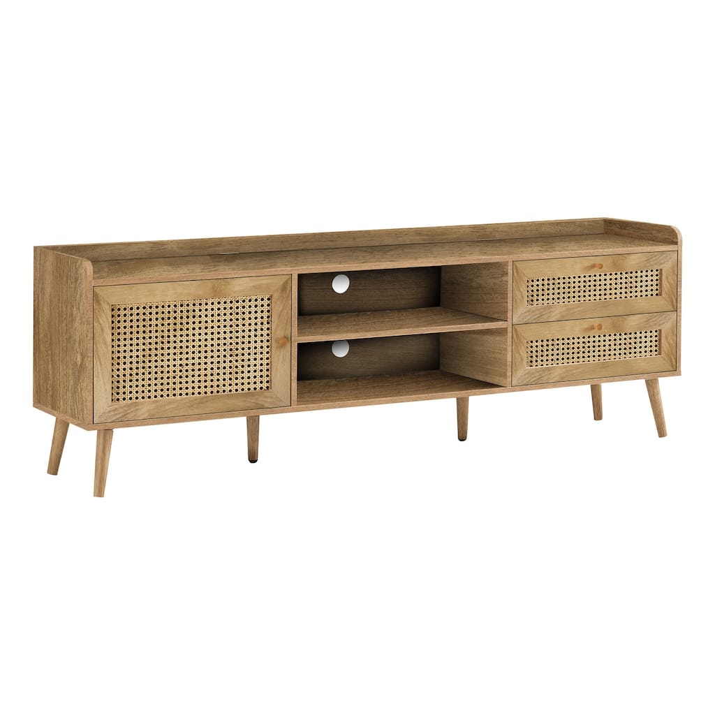 72-Inch TV Stand, Light Walnut Laminate, Wood Legs, Storage Cabinets & Rattan Panel Drawers, Transitional Style