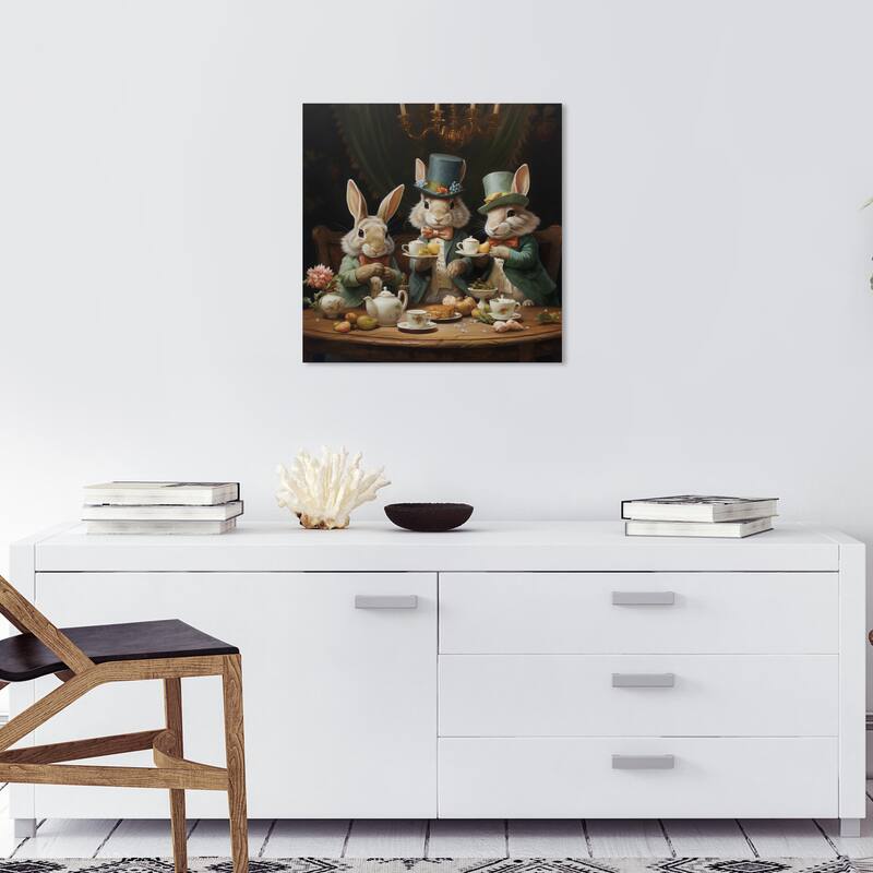 Wynwood Studio Canvas Animals Hare Tea Party Blue and Traditional Wall Art Canvas Print - 20 x 20