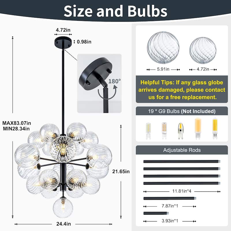 Starsky 19-Light Glam Tiered Cluster Clear Swirled Bubble Chandelier