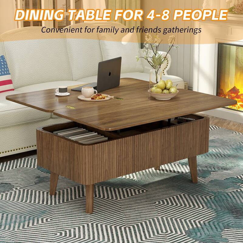 3 in 1 Walnut Lift Top Convertible Coffee Table, Oval Wooden with Storage for Small Spaces