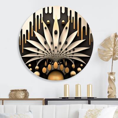 Designart 'White Leaves With Golden Droplets' Modern Metal Round Wall Art