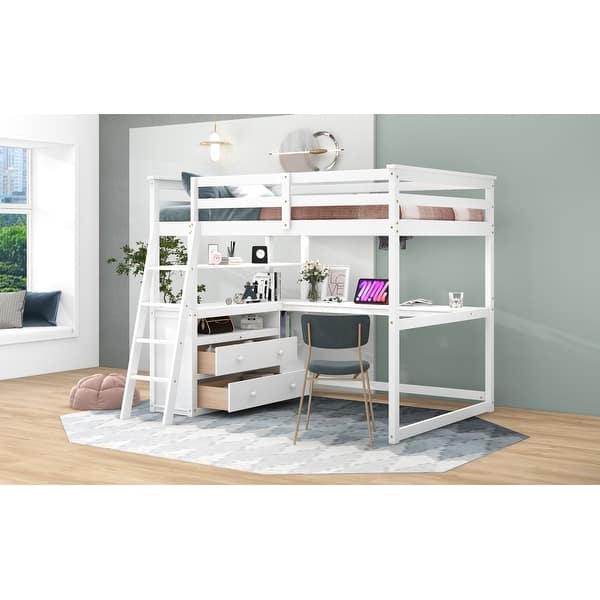 slide 2 of 13, Wood Loft White Bed with Ladder Full Bed with Desk, Shelves, 2 Drawers White - Full