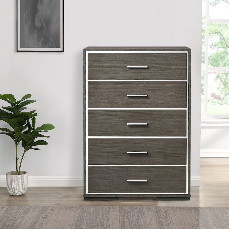 5 Drawer Wooden Chest with Mirror Trim Accents, Gray