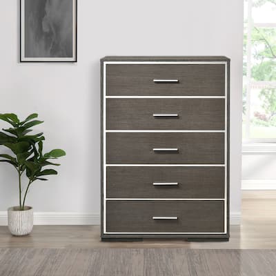 5 Drawer Wooden Chest with Mirror Trim Accents, Gray